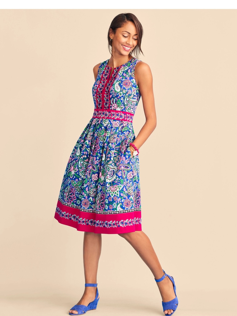 Talbots 16 Paisley Fit-and-Flare Dress Pockets Cotton Sleeveless Blue Pink